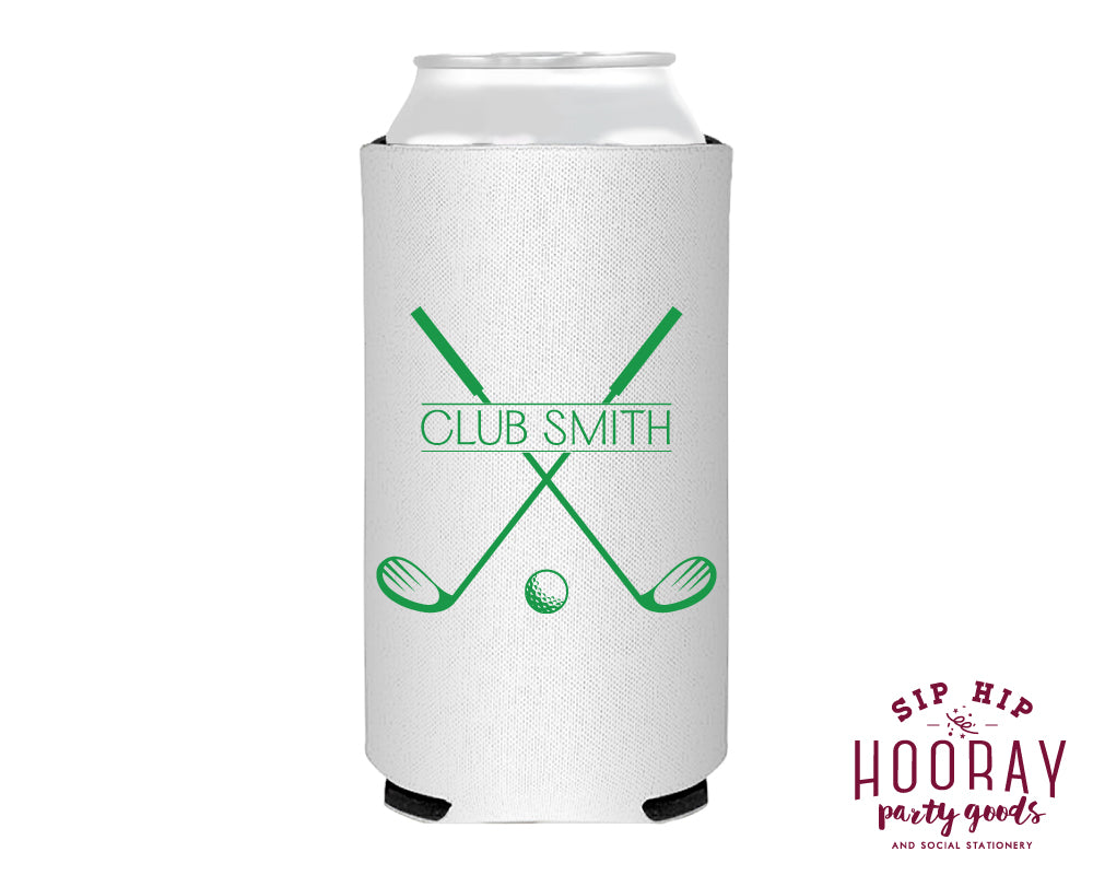 Last Name Golf Club Crest Slim Can Coolers