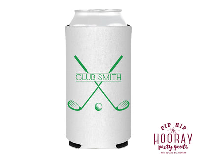 Last Name Golf Club Crest Slim Can Coolers
