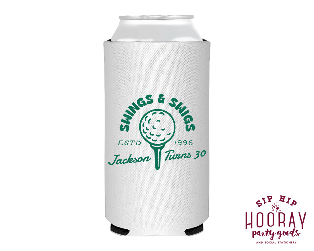 Custom Golf Birthday Swings & Swigs Slim Can Coolers