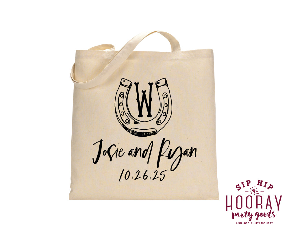 Western Wedding Horseshoe Initials Tote Bags