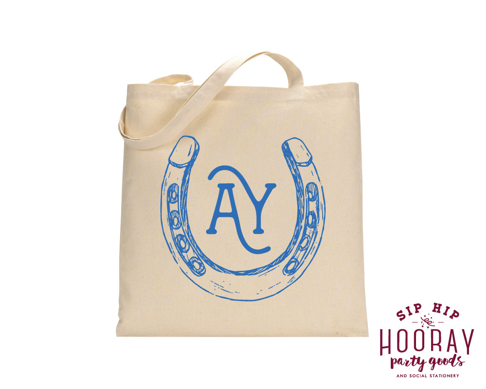 Western Hand Drawn Horseshoe Initials Tote Bags