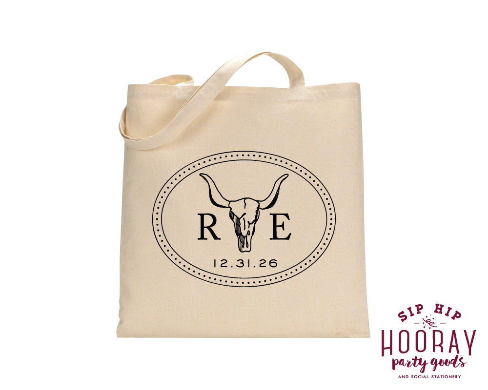 Western Cow Skull Initials Tote Bags