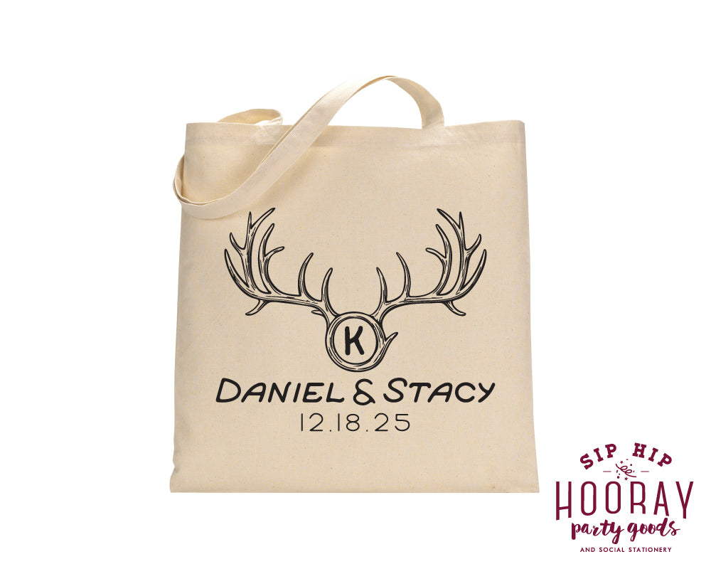 Western Wedding Monogram Antlers Tote Bags