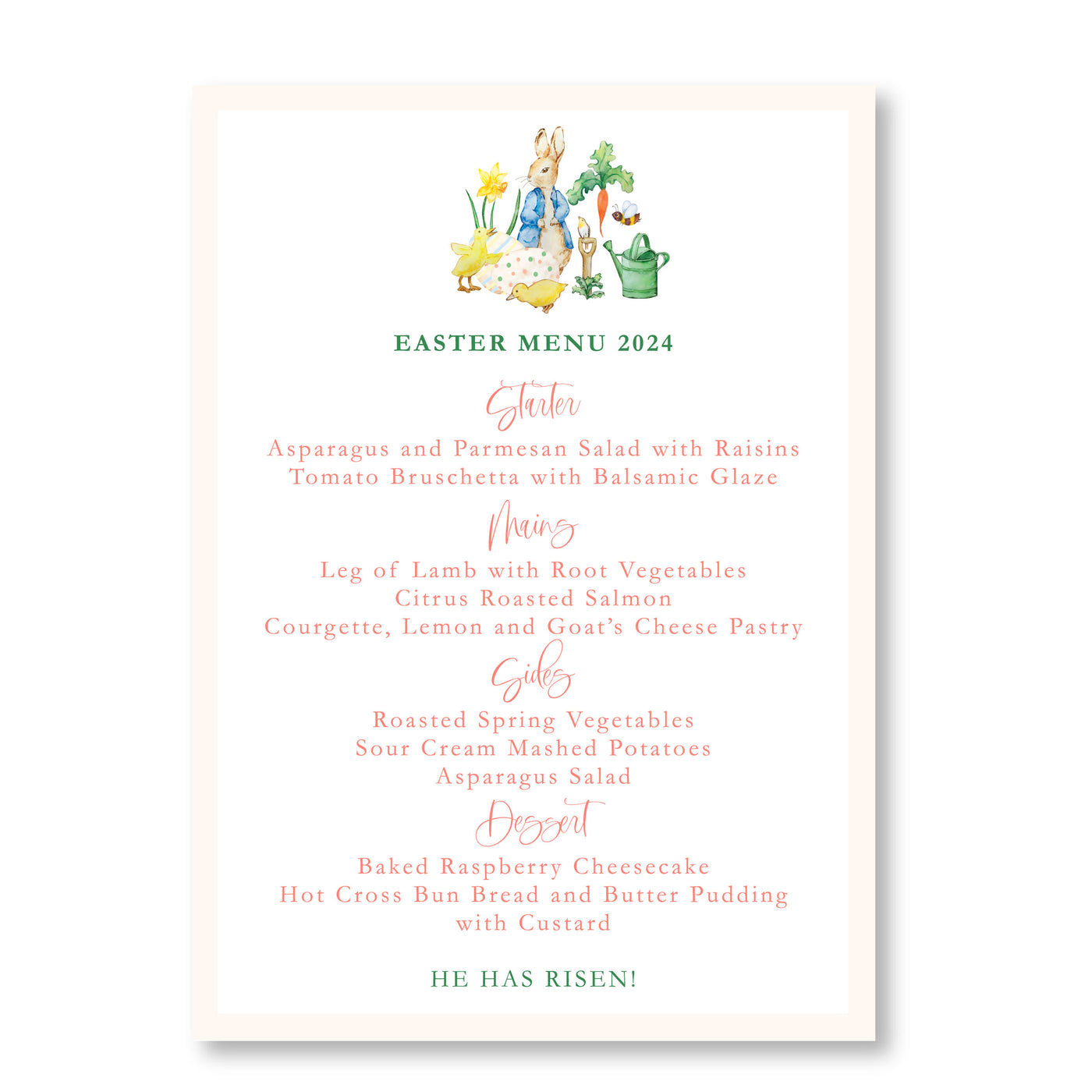 Watercolor Peter Rabbit Easter Menu