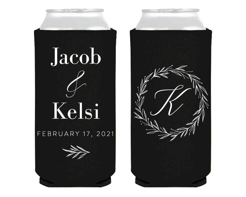 Wedding Monogram Wreath Foam Slim Can Design #1911