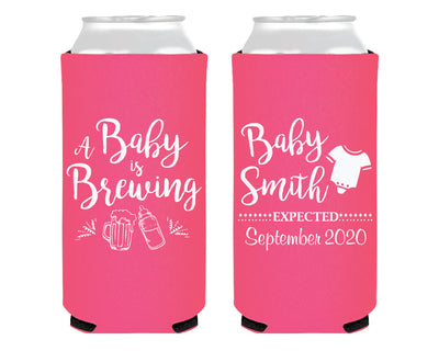 A Baby is Brewing Bottle, Beer and Onesie Foam Slim Can Cooler