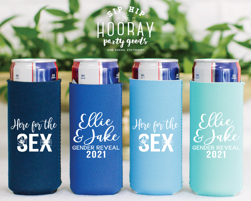 Here For The Sex Bow and Bow Tie Gender Reveal Neoprene Slim Can Cooler