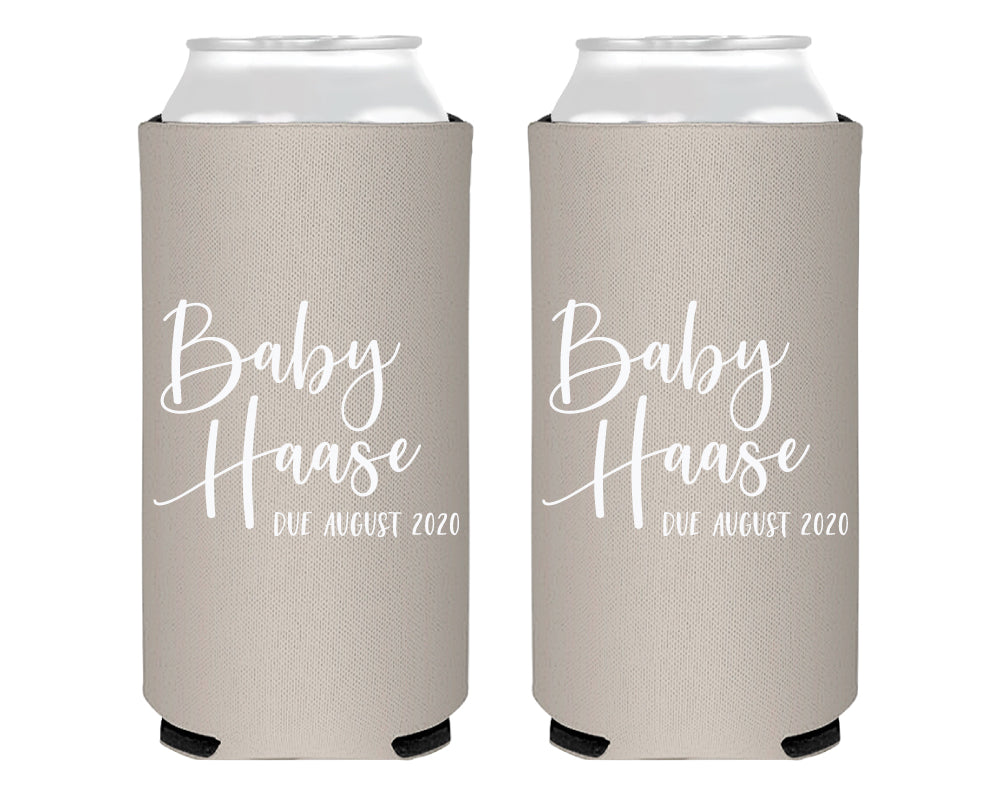 Simple Script Modern with Due Date Baby Shower Foam Slim Can Cooler