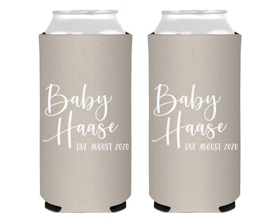 Simple Script Modern with Due Date Baby Shower Foam Slim Can Cooler
