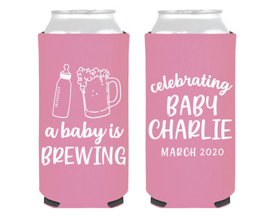 A Baby is Brewing Bottle and Beer Cheers Mug Foam Slim Can Cooler