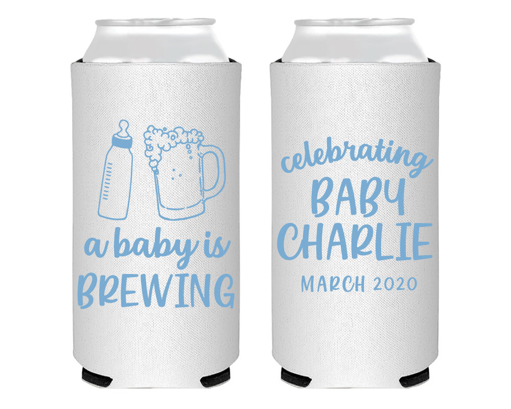 A Baby is Brewing Bottle and Beer Cheers Mug Foam Slim Can Cooler