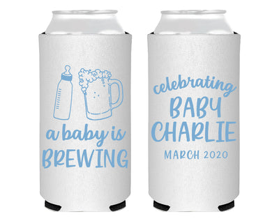 A Baby is Brewing Bottle and Beer Cheers Mug Foam Slim Can Cooler