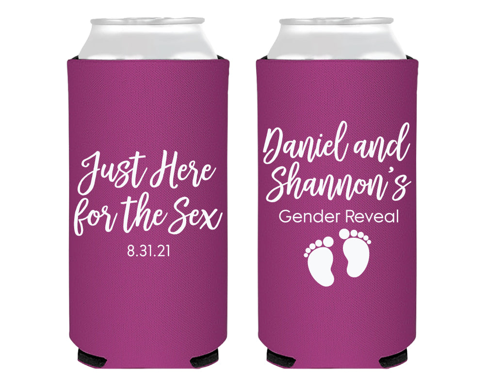 Here For The Sex Baby Feet Gender Reveal Foam Slim Can Cooler