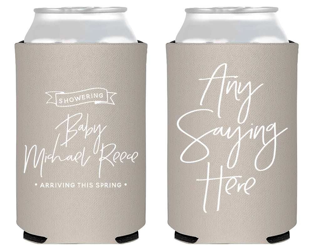 Any Saying Here with Modern Script Baby Shower Neoprene Can Cooler