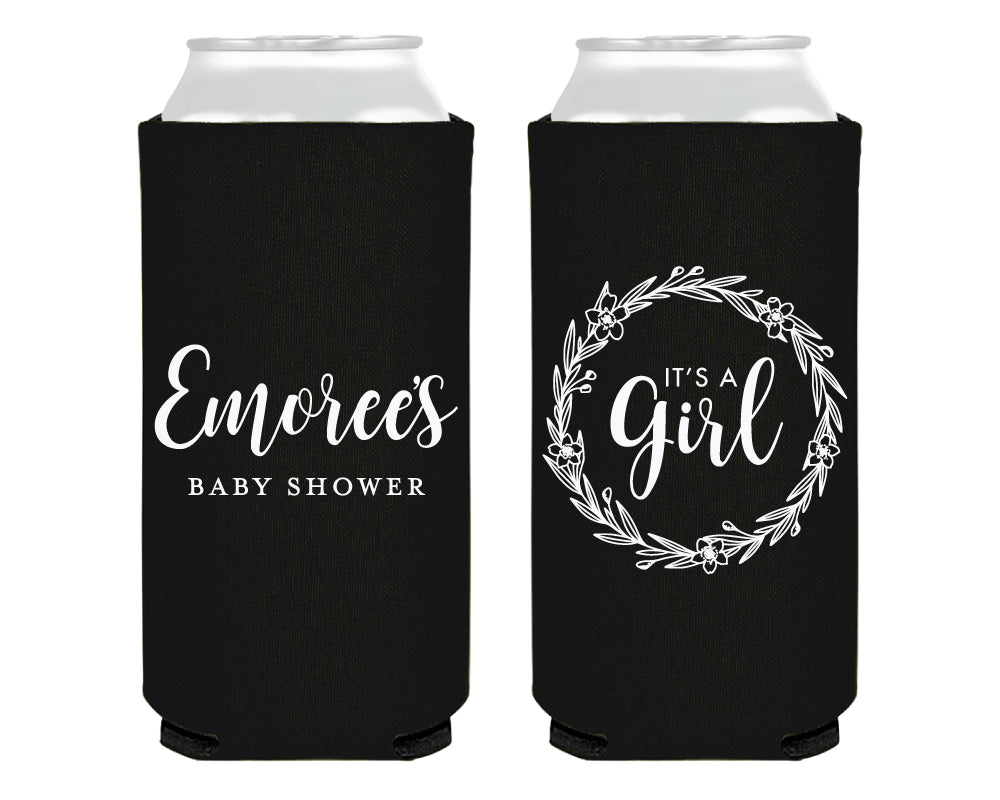 It's a Girl Laurel Wreath Baby Shower Foam Slim Can Cooler