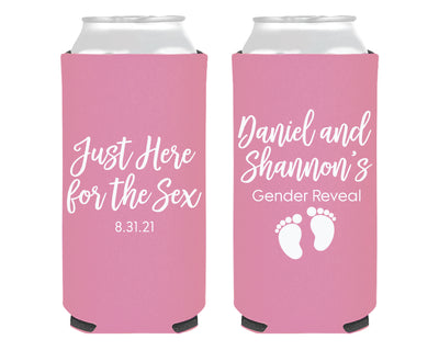 Here For The Sex Baby Feet Gender Reveal Foam Slim Can Cooler
