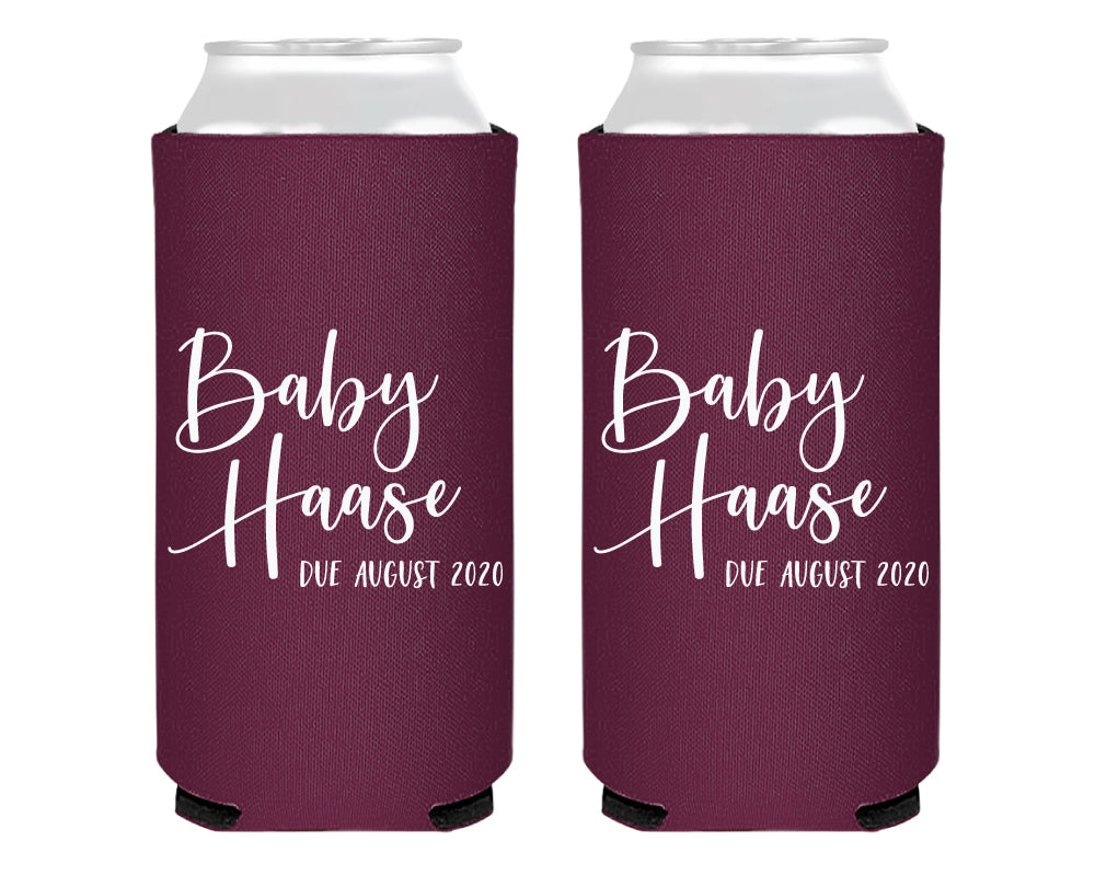 Simple Script Modern with Due Date Baby Shower Foam Slim Can Cooler