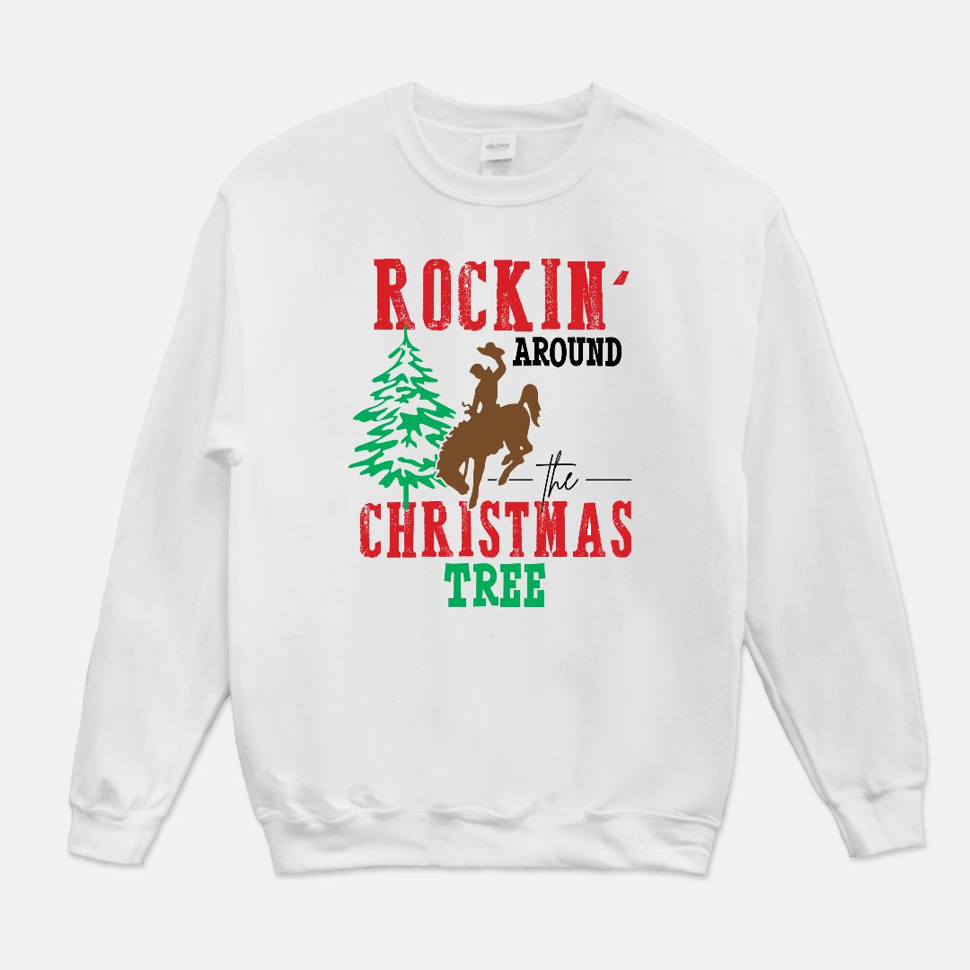 Cowboy Rockin Around The Christmas Tree Unisex Crew Neck Sweatshirt