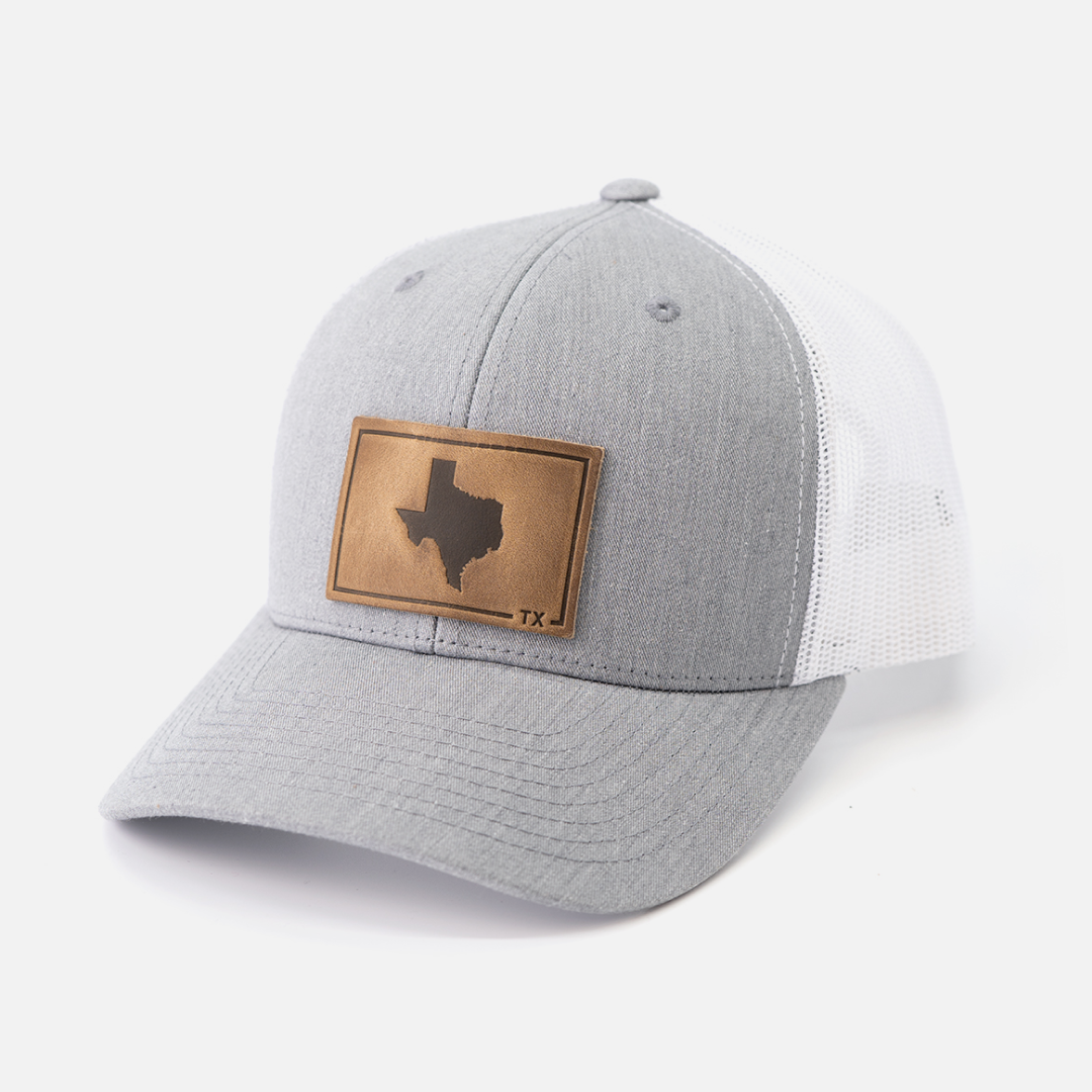 Texas Silhouette Hat | Leather Patch Trucker Hat: Heather Gray