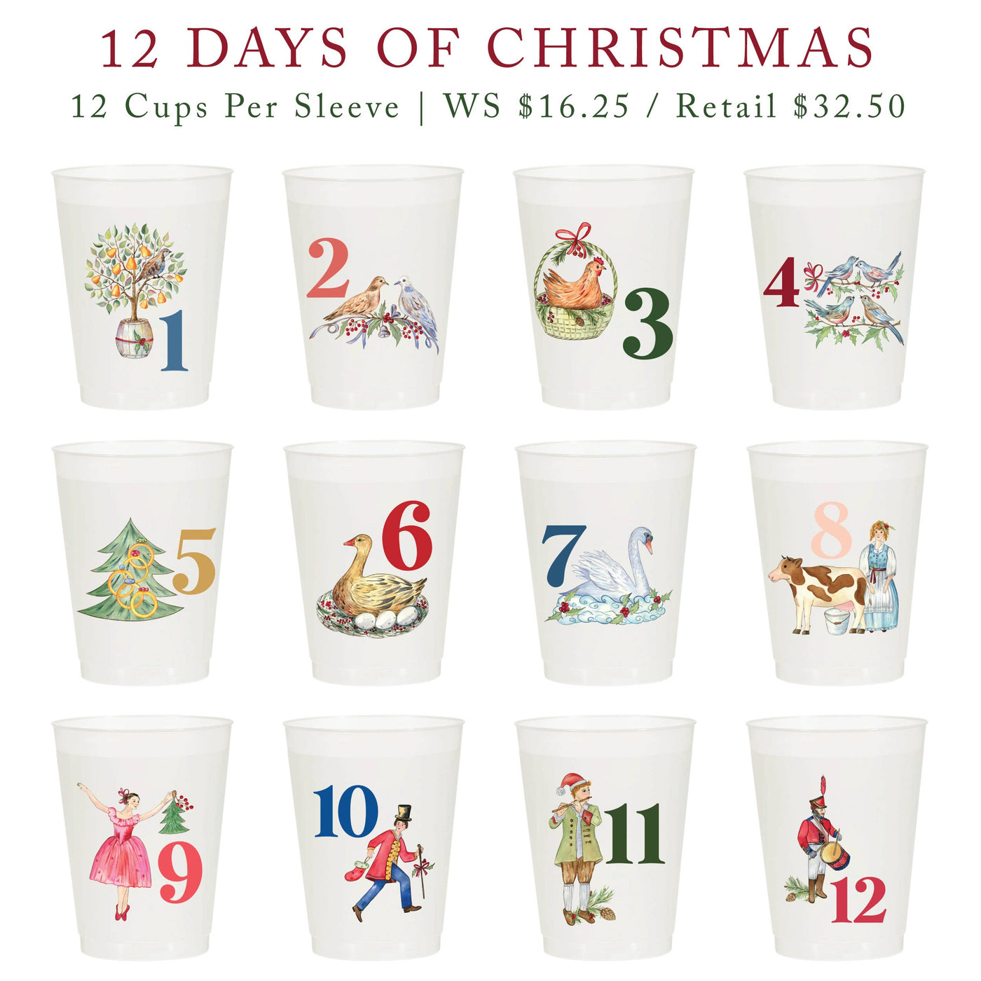 NEW! 12 Days of Christmas Frosted Cups / 12 Cups - Christmas