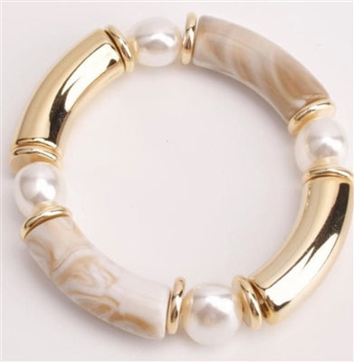 Pearl Bamboo Tube and Gold Stretch Bracelet