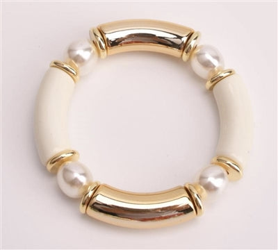 Pearl Bamboo Tube and Gold Stretch Bracelet