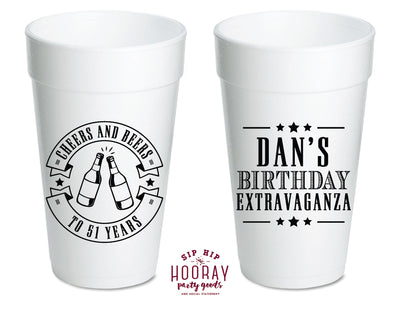 Cheers and Beers Custom Birthday Extravaganza Party Styrofoam Cups  | Any Age