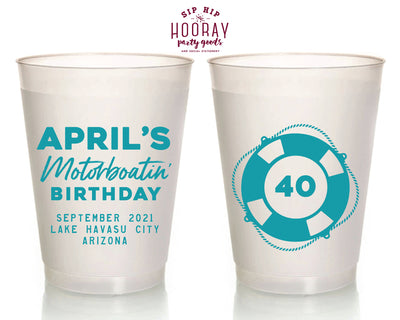 Motorboatin Birthday Lifebuoy 40th Birthday Any Age Custom Boat Lover Frosted Cups