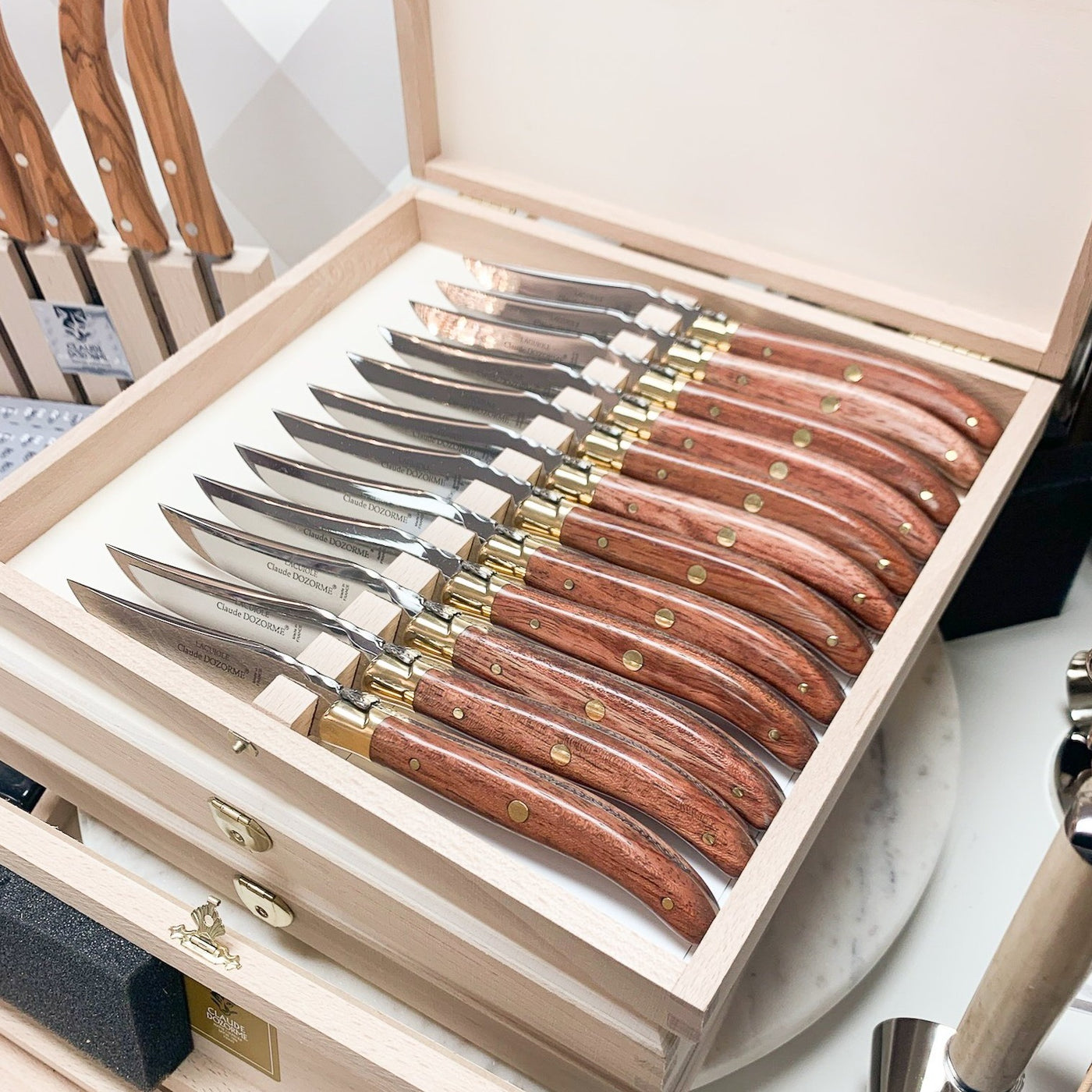 12pc Laguiole Knives with Exotic Wood Handle Brass Bolster