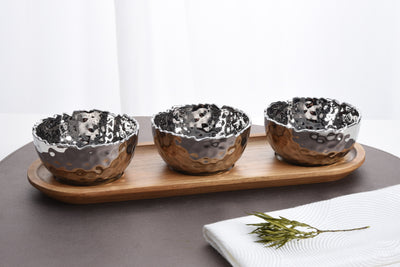 Set of 3 Porcelain Bowls on Acacia Wood Tray