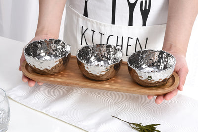 Set of 3 Porcelain Bowls on Acacia Wood Tray