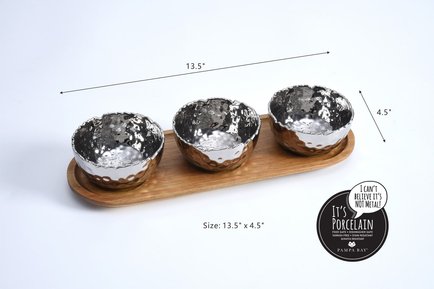 Set of 3 Porcelain Bowls on Acacia Wood Tray