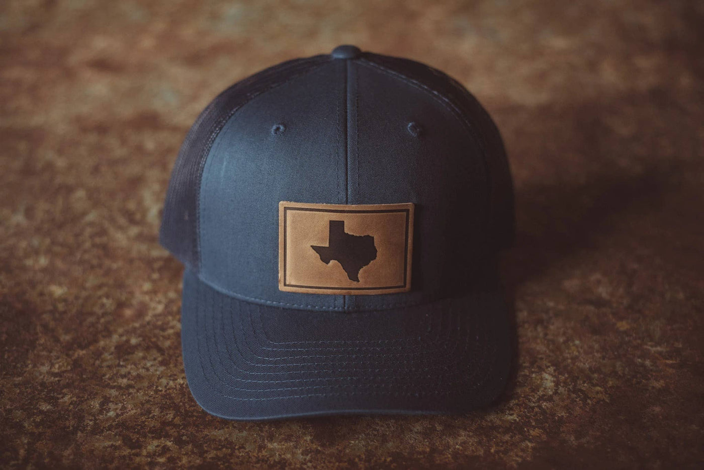 Texas Silhouette Hat | Leather Patch Trucker Hat: Navy