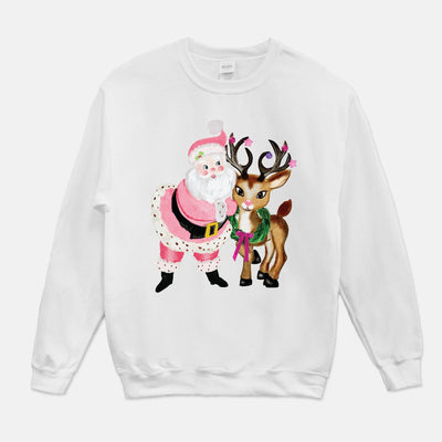 Pink Santa Girl with Reindeer Christmas Unisex Crew Neck Sweatshirt