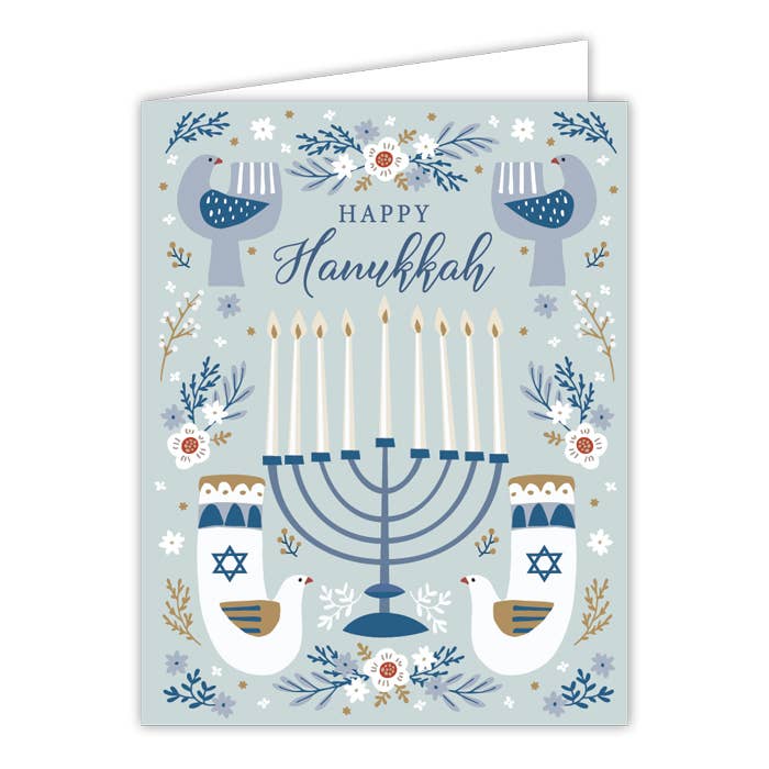 Happy Hanukkah Blue Menorah with Icons Greeting Card