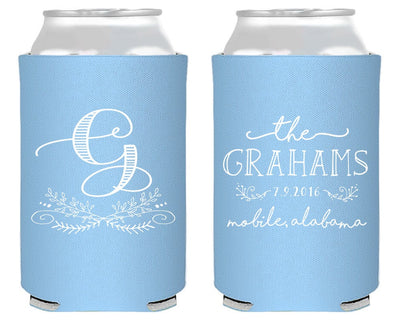 Custom Floral Monogram Wedding Can Cooler Design #1422