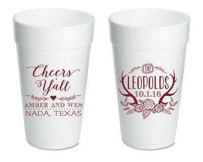 Cheers Y'all | Rustic Antler Wedding Foam Cup #1461