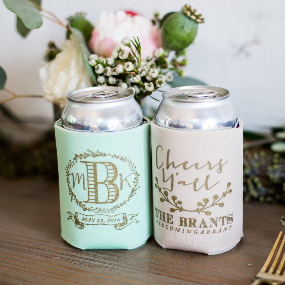 Floral Wreath Monogram Wedding Can Coolers #1024