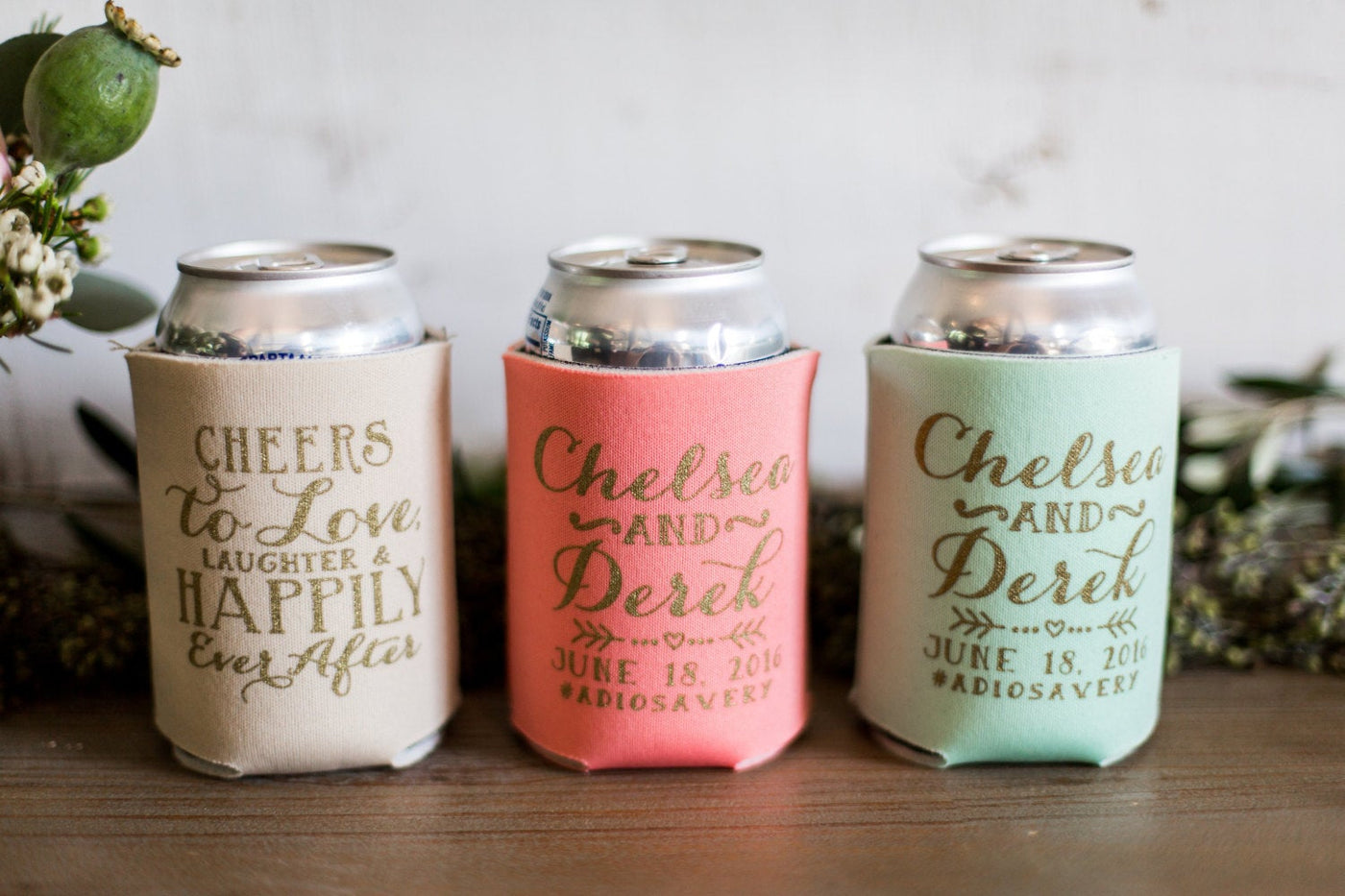 Cheers to Love Laughter Happily Ever After Personalized Wedding Monogram Can Cooler Design #1470