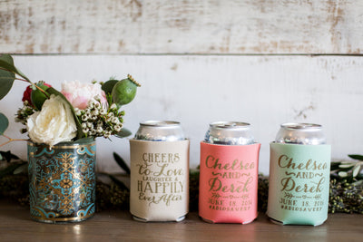 Cheers to Love Laughter Happily Ever After Personalized Wedding Monogram Can Cooler Design #1470
