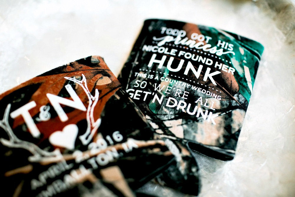 Princess and Hunk Camo Wedding Can Coolers Design #1501