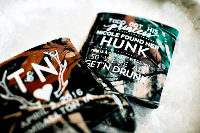 Princess and Hunk Camo Wedding Can Coolers Design #1501