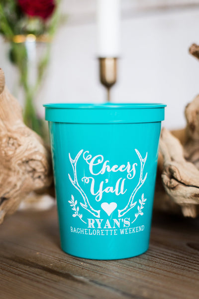Cheers Y'all Rustic Antlers Wedding Stadium Cups #1355