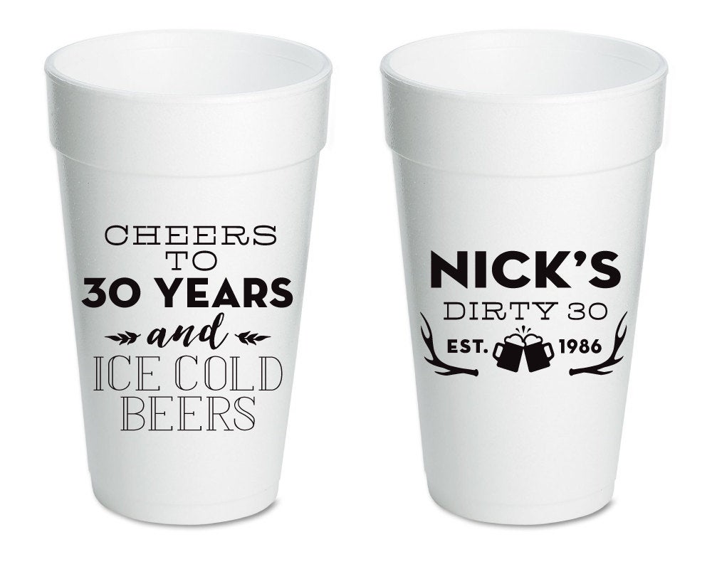 Cheers to 30 Years Birthday Party Foam Cups #1568