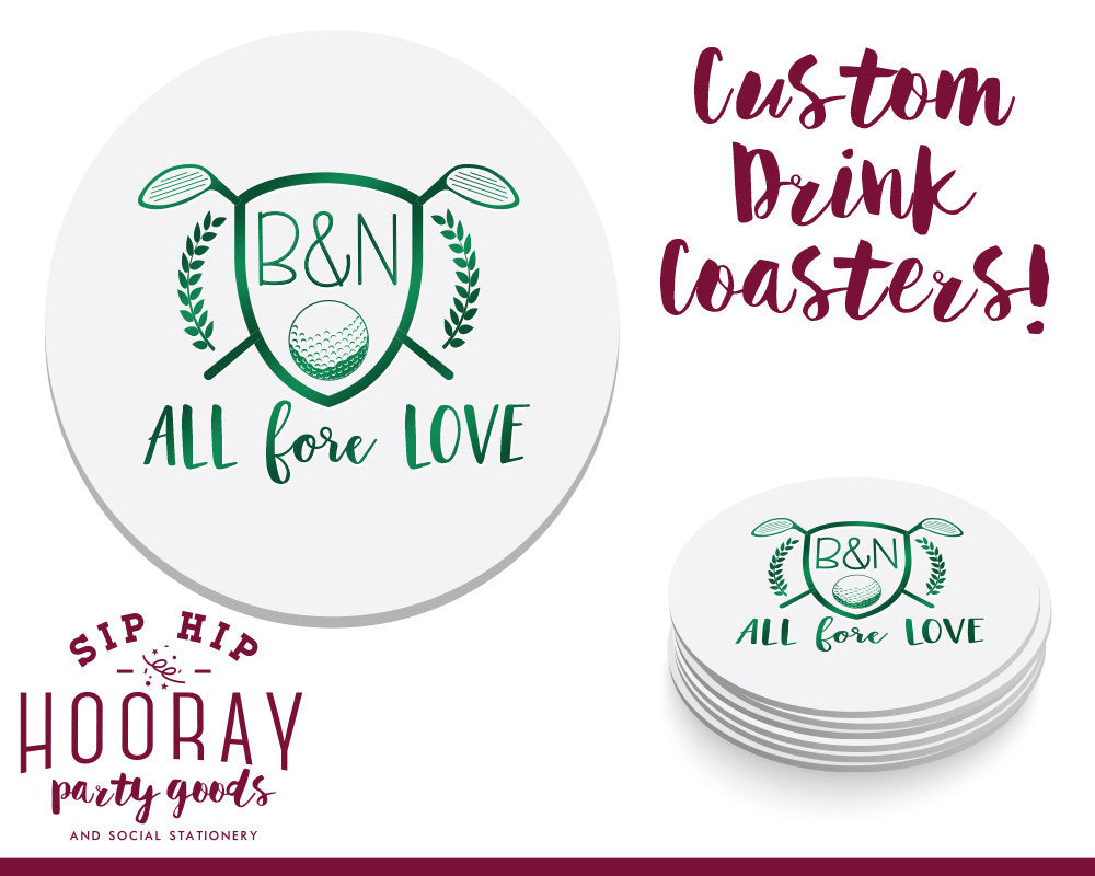 All Fore Love Golf Crest Drink Coasters #1614