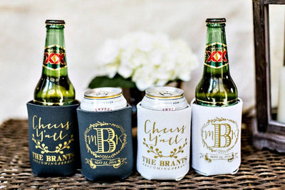 Cheers Y'all Monogram Wedding Can Cooler Design #1024