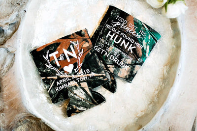 Princess and Hunk Camo Wedding Can Coolers Design #1501