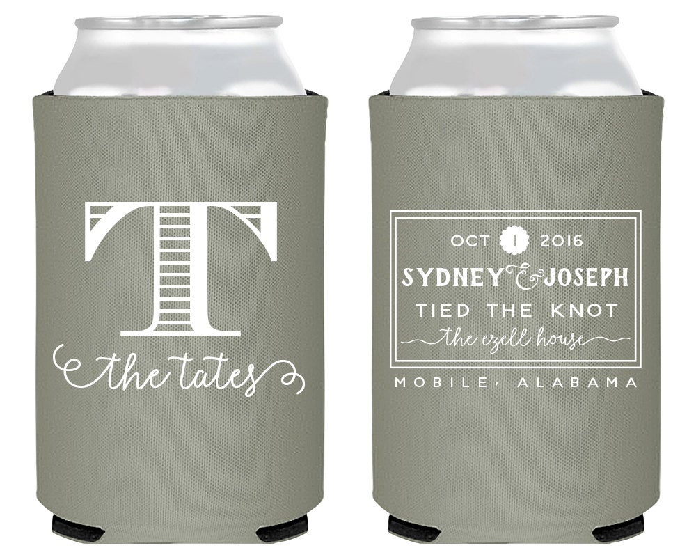 Tied the Knot Wedding Anniversary Monogram Can Cooler Design #1478