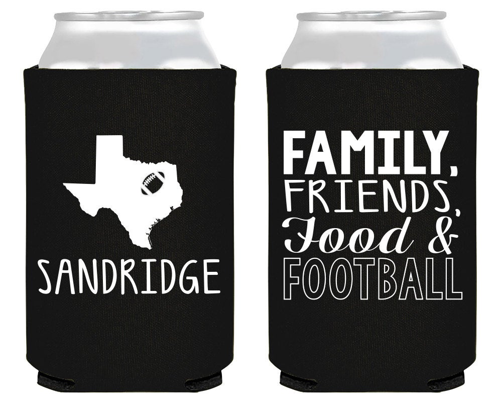 Family, Friends, Food Football Custom Neoprene Tailgate Super Bowl Can Coolers 1670