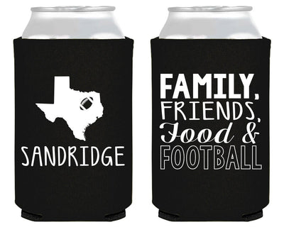Family, Friends, Food Football Custom Neoprene Tailgate Super Bowl Can Coolers 1670